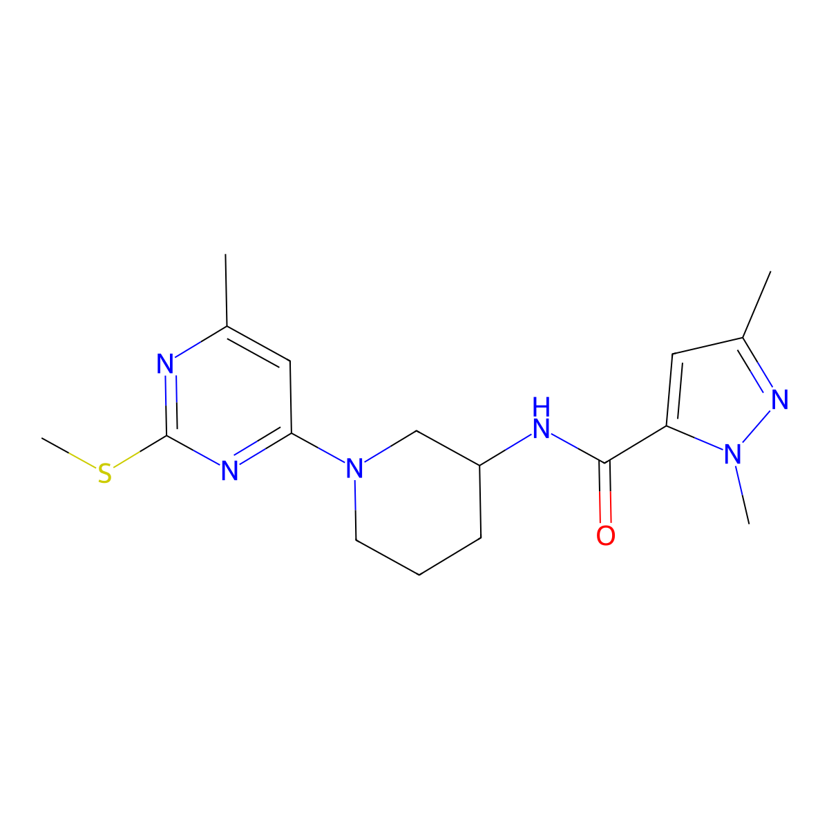 1,3-dimethyl-N-{1-[6-methyl-2-(methylsulfanyl)pyrimidin-4-yl]piperidin-3-yl}-1H-pyrazole-5-carboxamide molecular structure, CAS 3054408-00-0