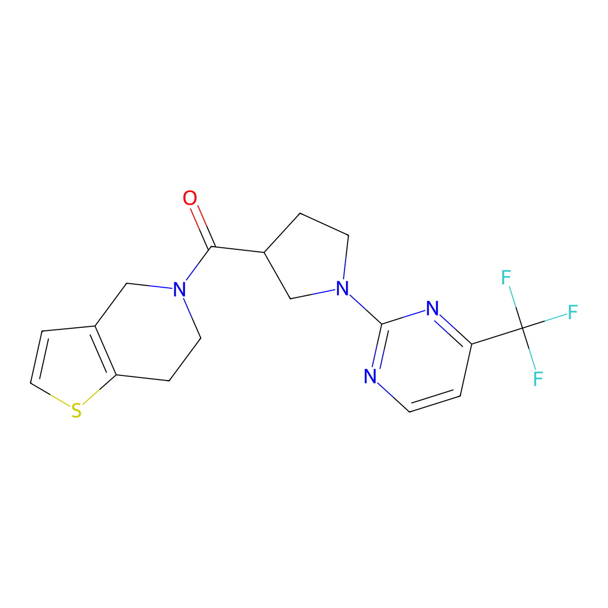 2-(3-{4H,5H,6H,7H-thieno[3,2-c]pyridine-5-carbonyl}pyrrolidin-1-yl)-4-(trifluoromethyl)pyrimidine molecular structure, CAS 3054408-09-9