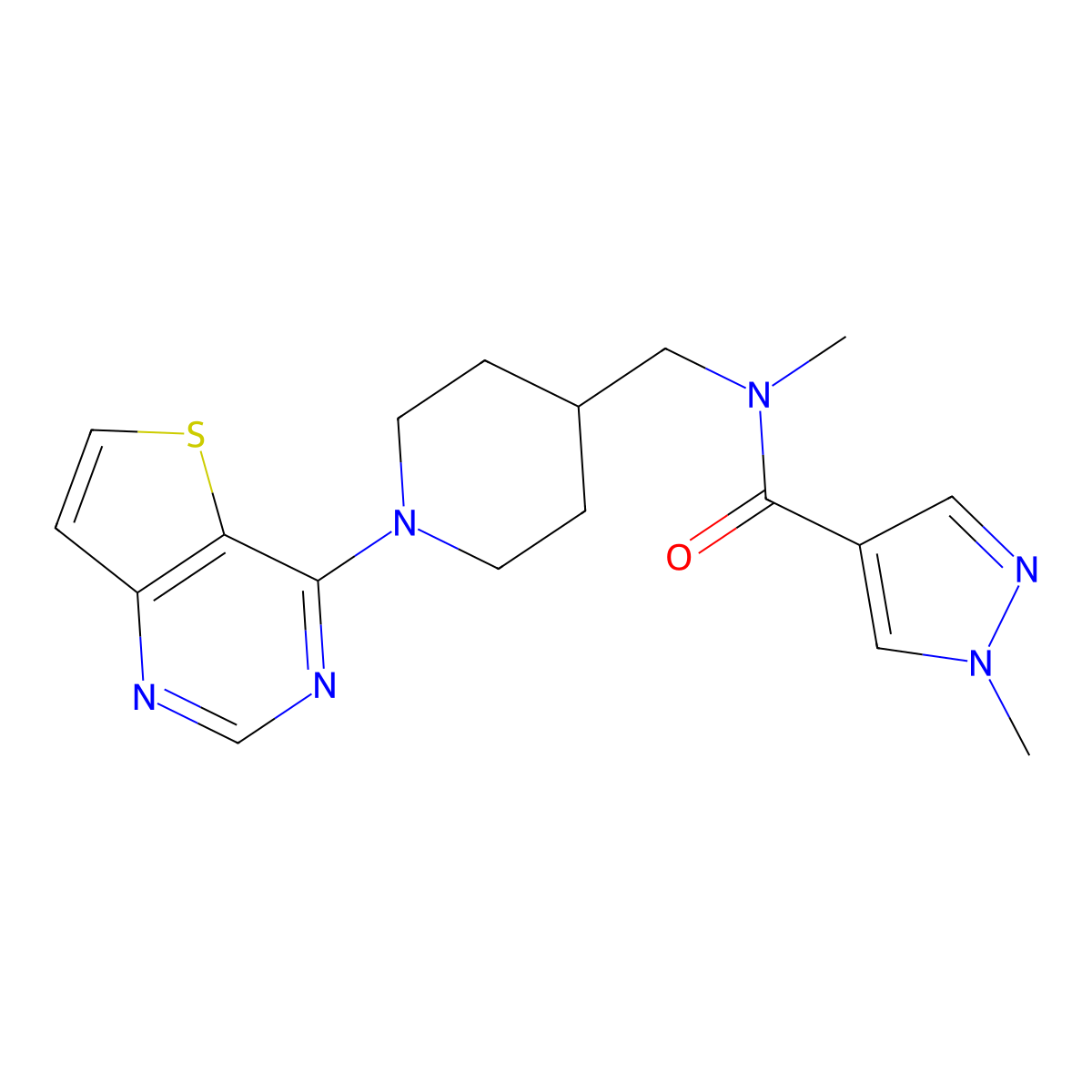 N,1-dimethyl-N-[(1-{thieno[3,2-d]pyrimidin-4-yl}piperidin-4-yl)methyl]-1H-pyrazole-4-carboxamide molecular structure, CAS 3054408-19-1