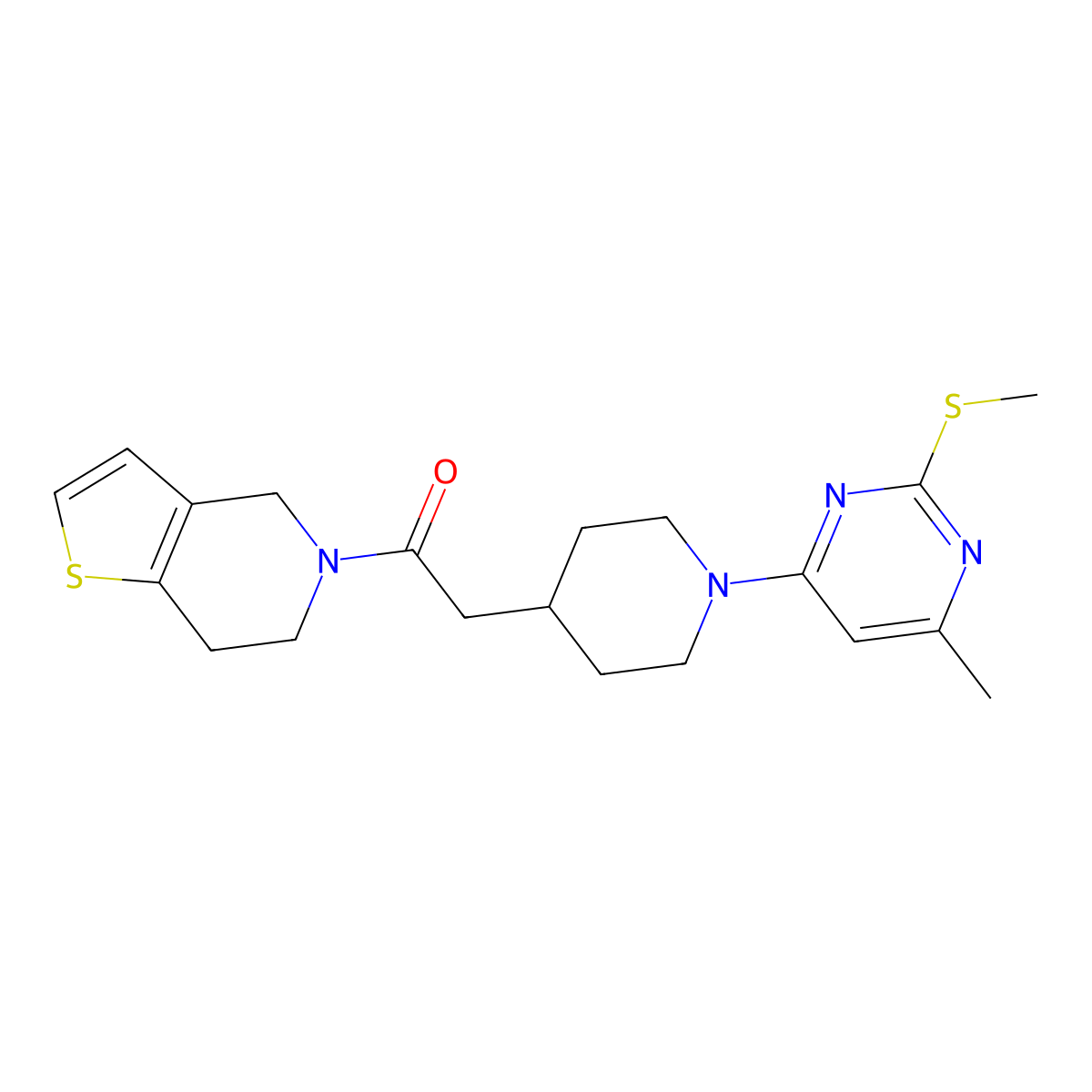 2-{1-[6-methyl-2-(methylsulfanyl)pyrimidin-4-yl]piperidin-4-yl}-1-{4H,5H,6H,7H-thieno[3,2-c]pyridin-5-yl}ethan-1-one molecular structure, CAS 3054408-21-5