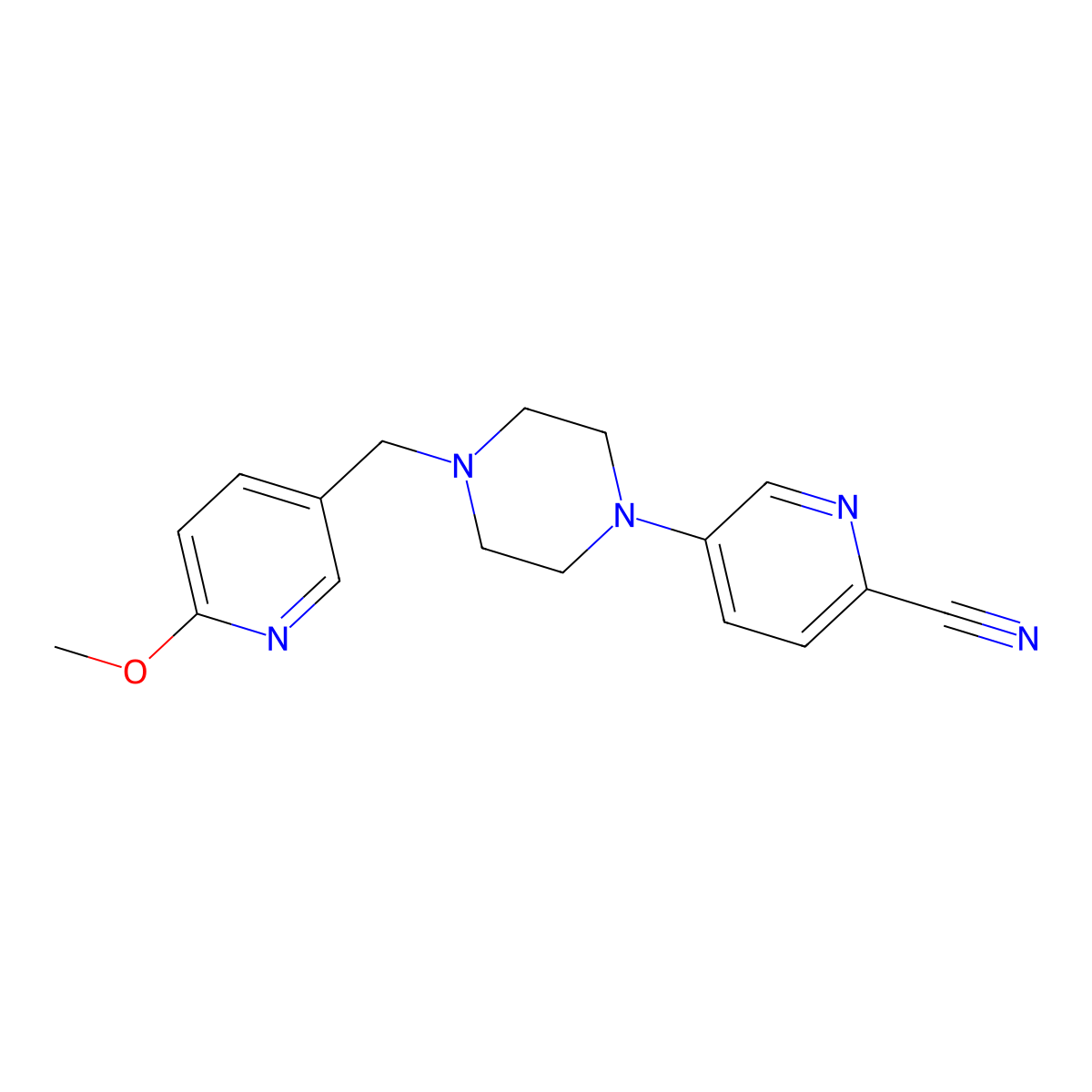 5-{4-[(6-Methoxypyridin-3-yl)methyl]piperazin-1-yl}pyridine-2-carbonitrile molecular structure, CAS 3054408-30-6