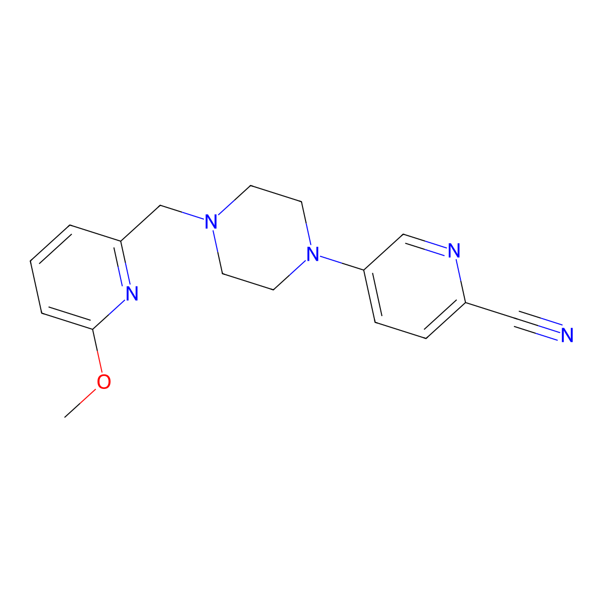 5-{4-[(6-Methoxypyridin-2-yl)methyl]piperazin-1-yl}pyridine-2-carbonitrile molecular structure, CAS 3054408-35-1