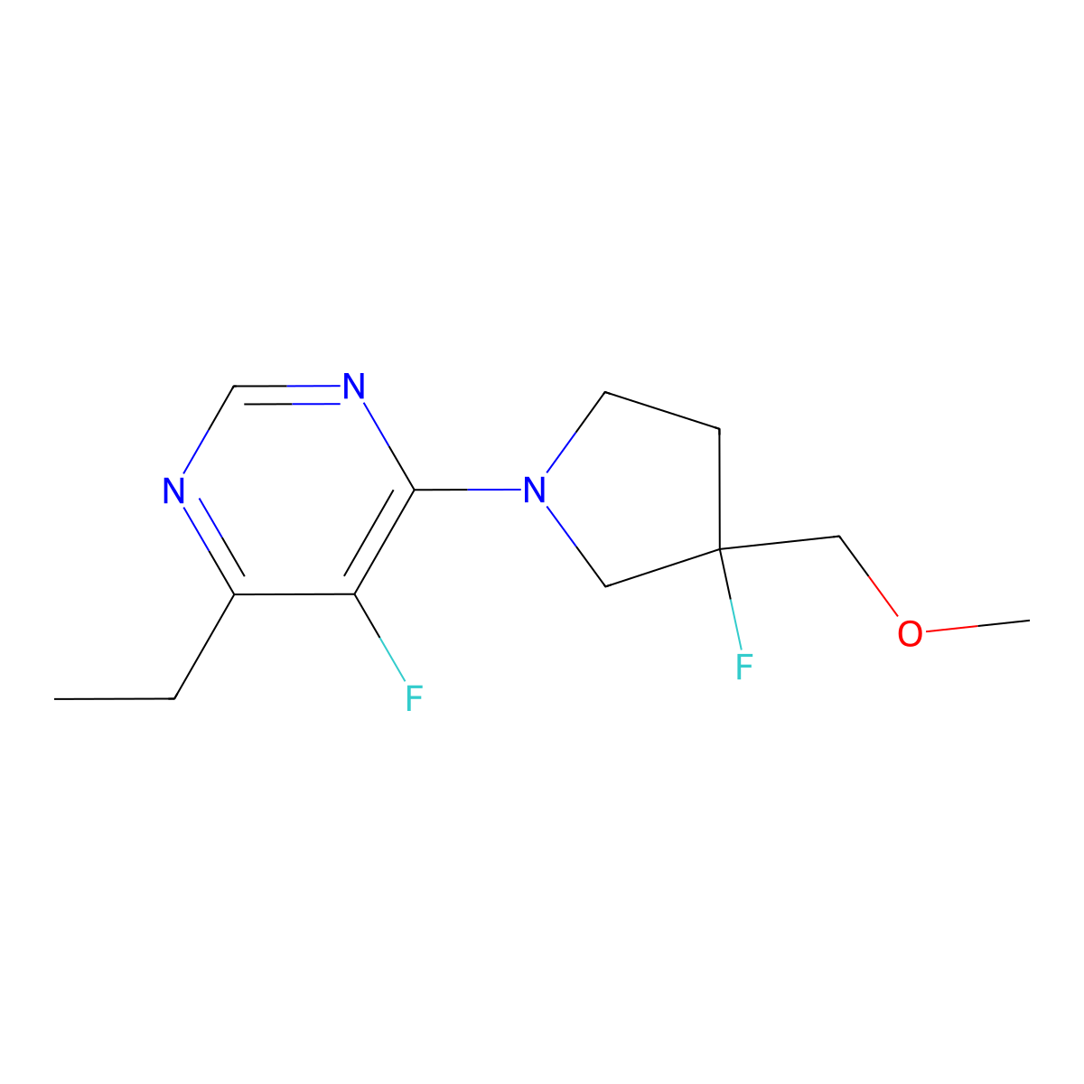 4-Ethyl-5-fluoro-6-[3-fluoro-3-(methoxymethyl)pyrrolidin-1-yl]pyrimidine molecular structure, CAS 3054408-44-2