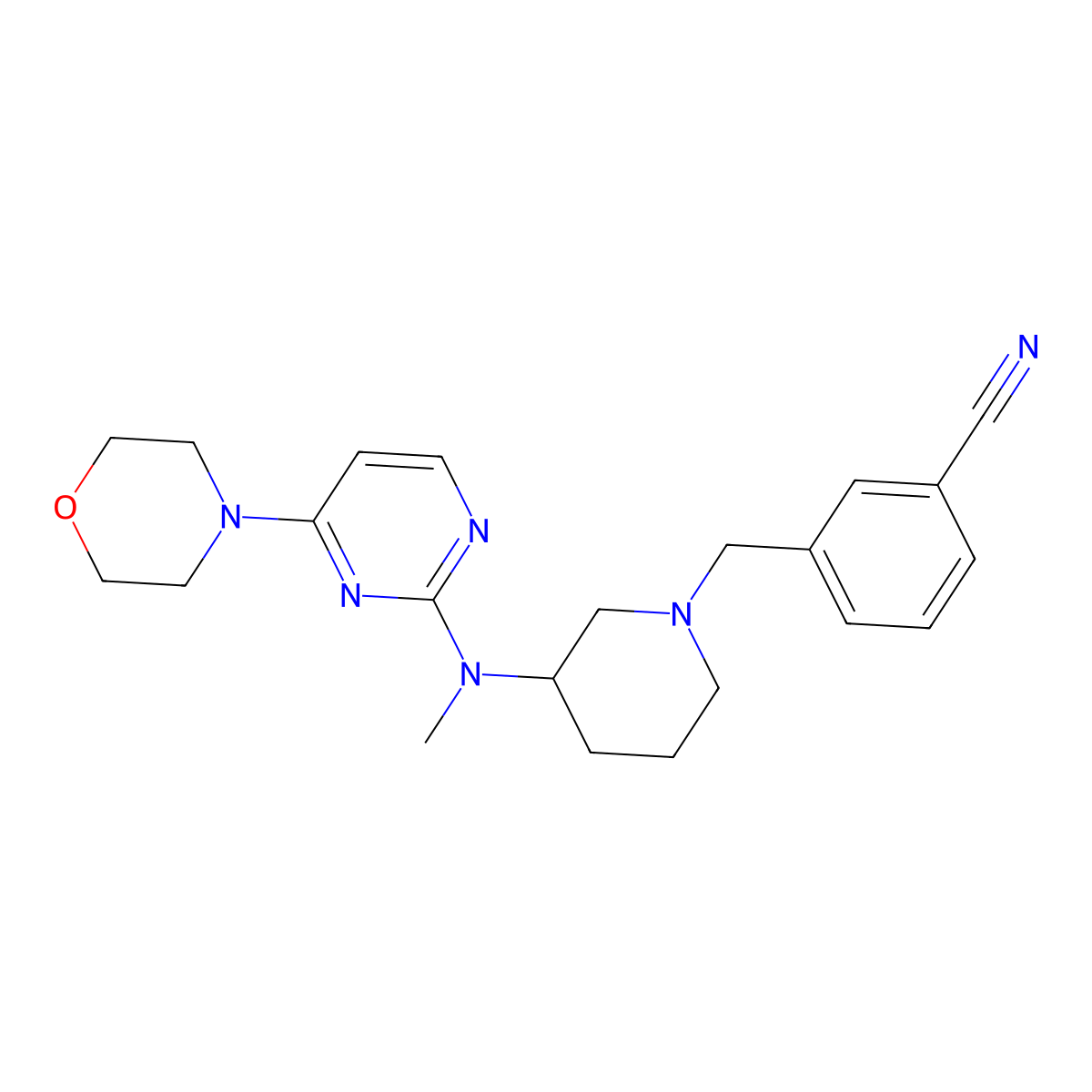 3-[(3-{Methyl[4-(morpholin-4-yl)pyrimidin-2-yl]amino}piperidin-1-yl)methyl]benzonitrile molecular structure, CAS 3054408-46-4