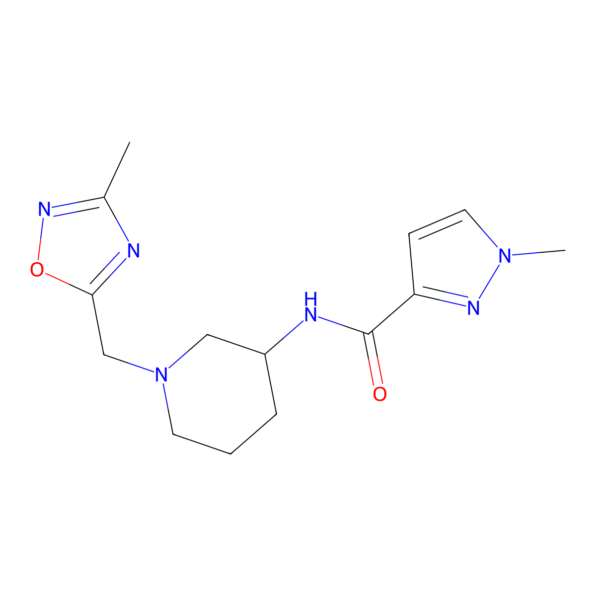 1-methyl-N-{1-[(3-methyl-1,2,4-oxadiazol-5-yl)methyl]piperidin-3-yl}-1H-pyrazole-3-carboxamide molecular structure, CAS 3054408-51-1