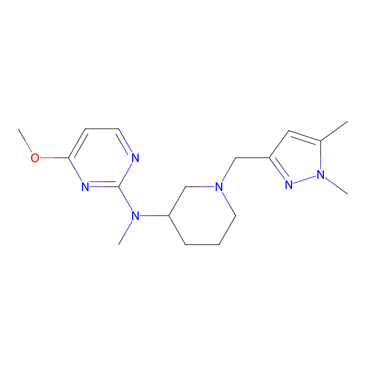 N-{1-[(1,5-dimethyl-1H-pyrazol-3-yl)methyl]piperidin-3-yl}-4-methoxy-N-methylpyrimidin-2-amine molecular structure, CAS 3054408-60-2