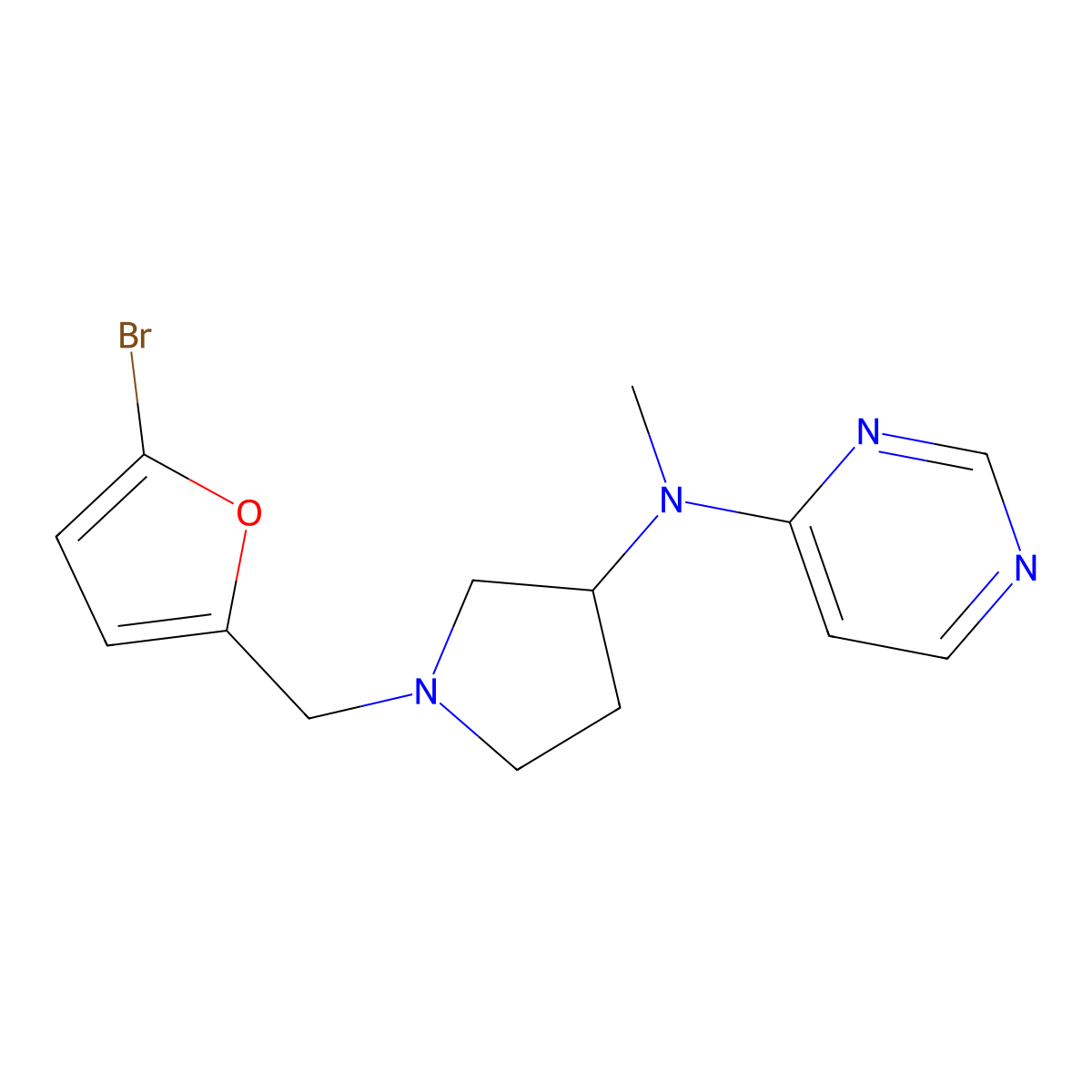 N-{1-[(5-bromofuran-2-yl)methyl]pyrrolidin-3-yl}-N-methylpyrimidin-4-amine molecular structure, CAS 3054408-66-8