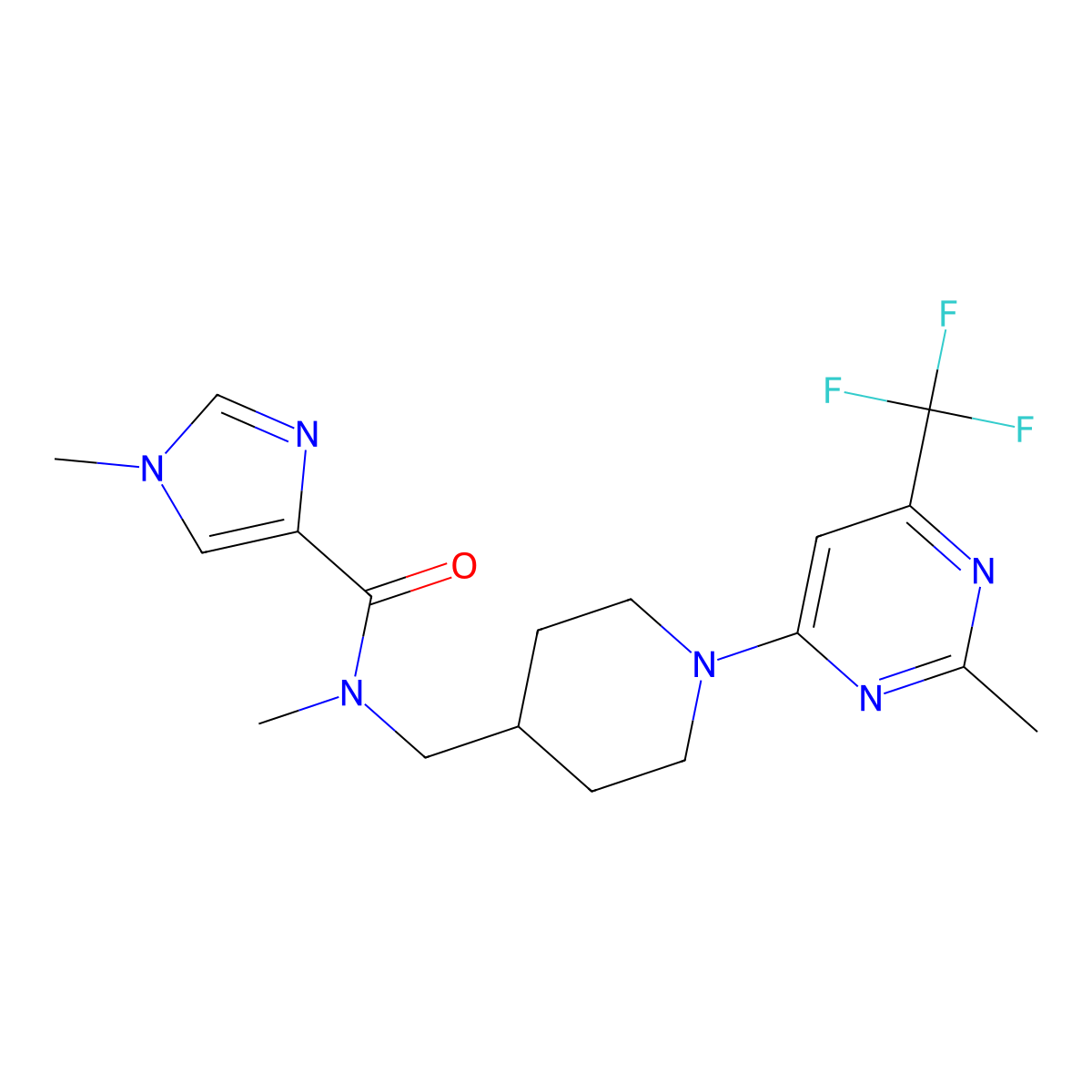 N,1-dimethyl-N-({1-[2-methyl-6-(trifluoromethyl)pyrimidin-4-yl]piperidin-4-yl}methyl)-1H-imidazole-4-carboxamide molecular structure, CAS 3054408-70-4