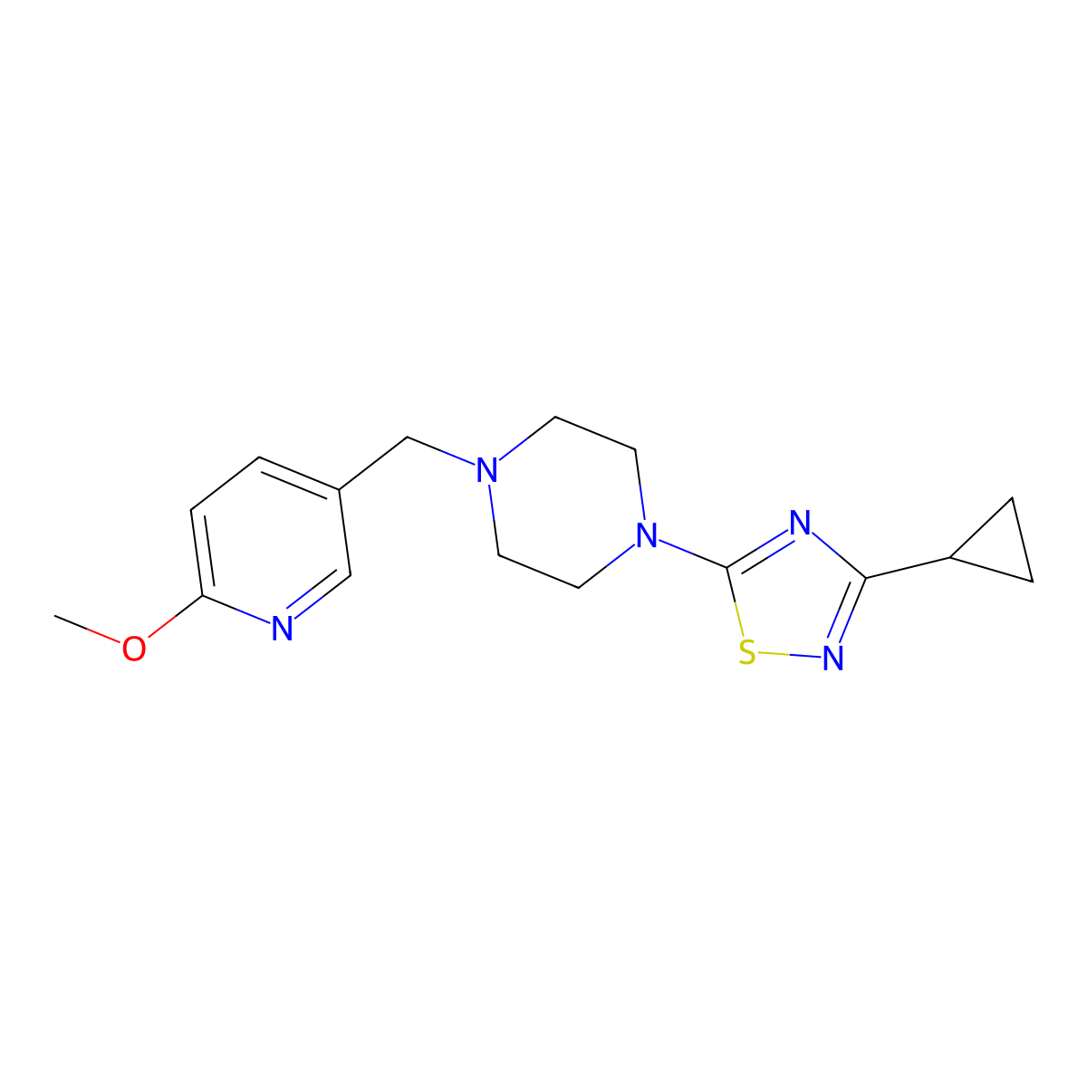 1-(3-Cyclopropyl-1,2,4-thiadiazol-5-yl)-4-[(6-methoxypyridin-3-yl)methyl]piperazine molecular structure, CAS 3054408-76-0