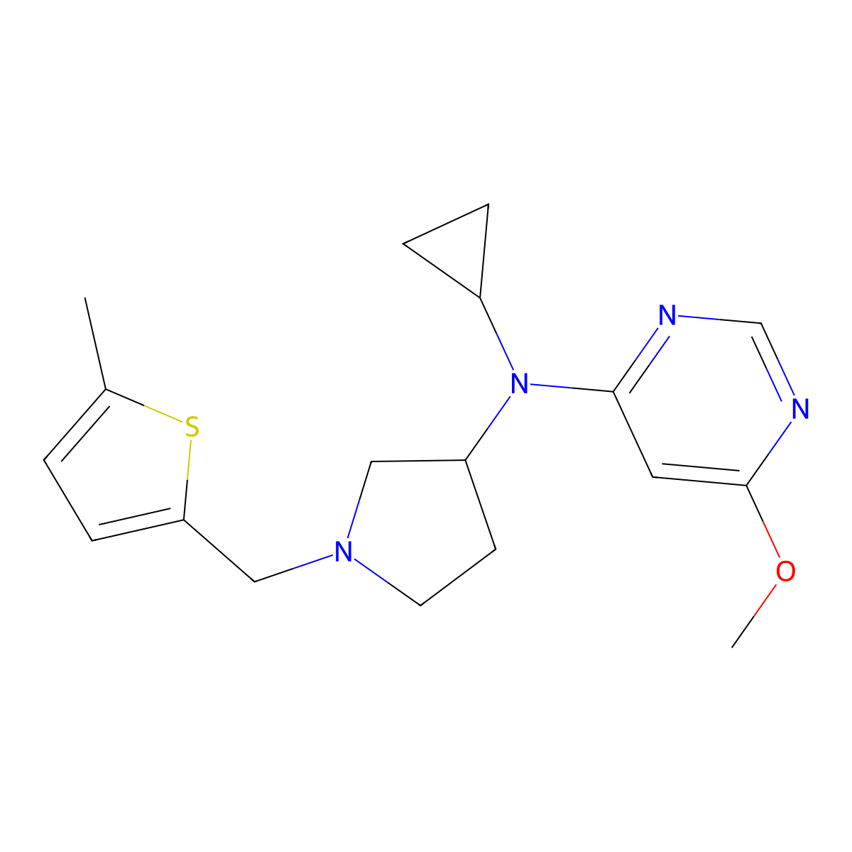 N-cyclopropyl-6-methoxy-N-{1-[(5-methylthiophen-2-yl)methyl]pyrrolidin-3-yl}pyrimidin-4-amine molecular structure, CAS 3054408-86-2