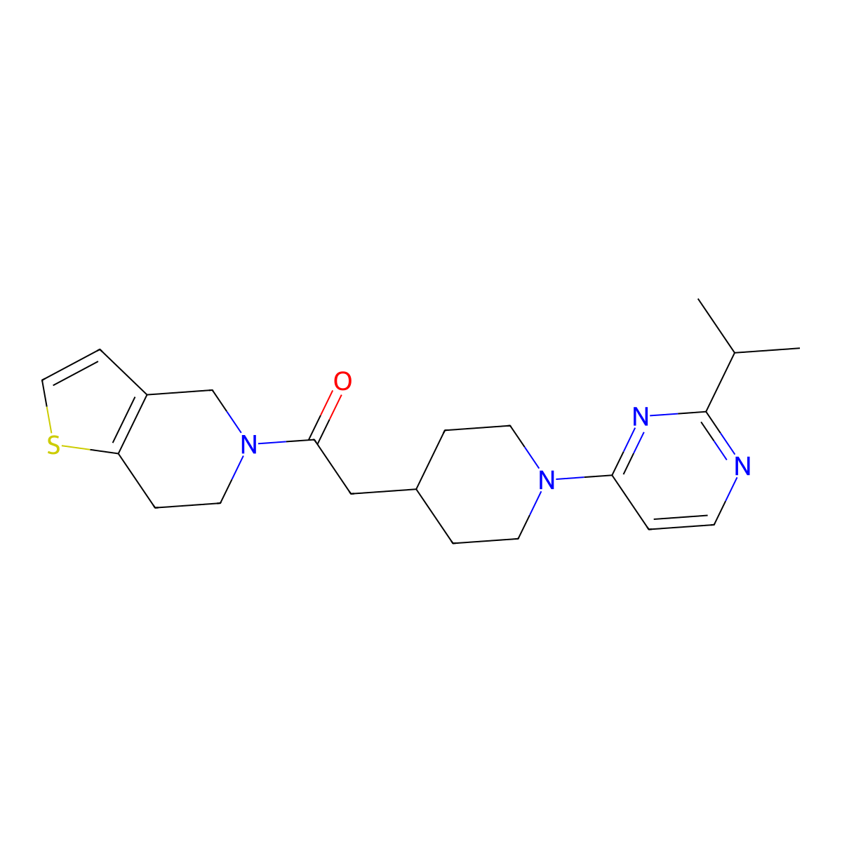 2-{1-[2-(propan-2-yl)pyrimidin-4-yl]piperidin-4-yl}-1-{4H,5H,6H,7H-thieno[3,2-c]pyridin-5-yl}ethan-1-one molecular structure, CAS 3054408-90-8