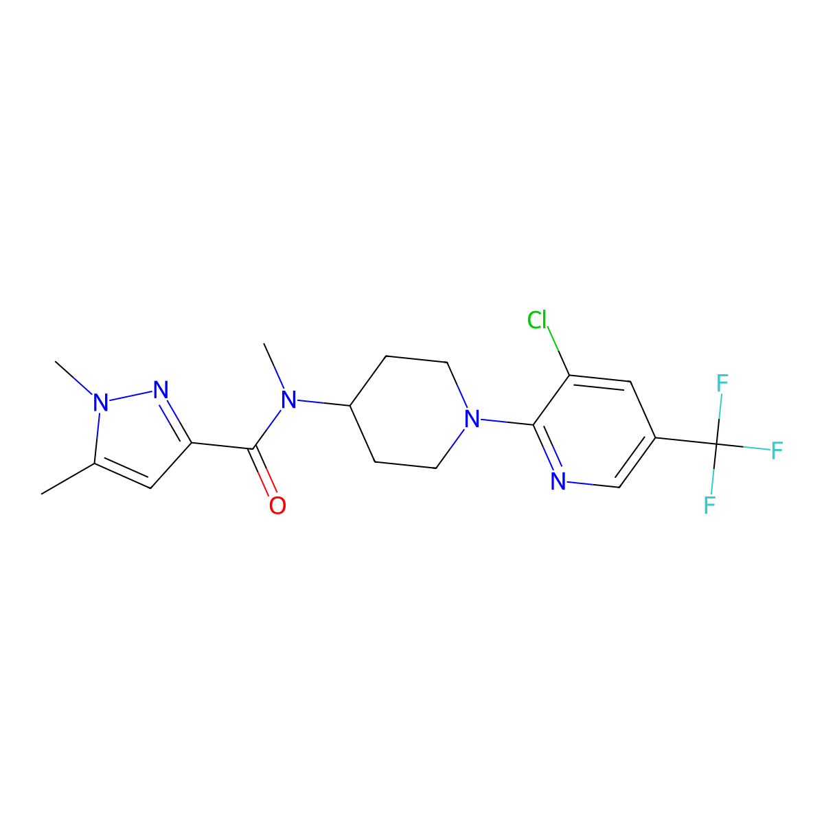 N-{1-[3-chloro-5-(trifluoromethyl)pyridin-2-yl]piperidin-4-yl}-N,1,5-trimethyl-1H-pyrazole-3-carboxamide molecular structure, CAS 3054408-99-7