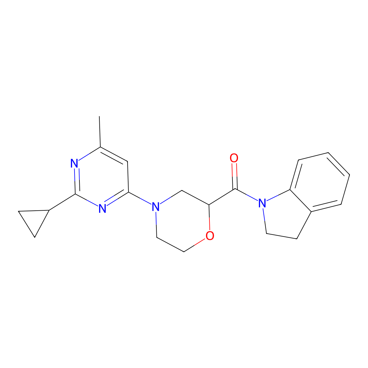 1-[4-(2-cyclopropyl-6-methylpyrimidin-4-yl)morpholine-2-carbonyl]-2,3-dihydro-1H-indole molecular structure, CAS 3054409-00-3
