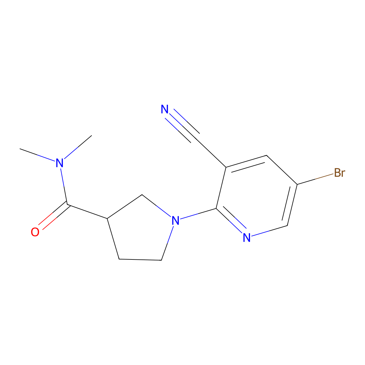 1-(5-bromo-3-cyanopyridin-2-yl)-N,N-dimethylpyrrolidine-3-carboxamide molecular structure, CAS 3054409-04-7