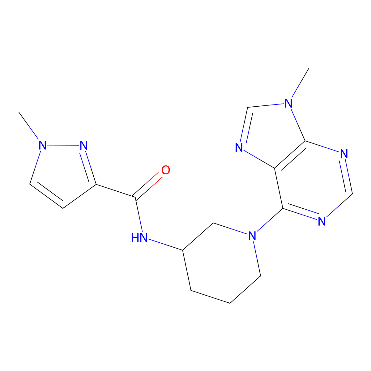 1-methyl-N-[1-(9-methyl-9H-purin-6-yl)piperidin-3-yl]-1H-pyrazole-3-carboxamide molecular structure, CAS 3054409-12-7