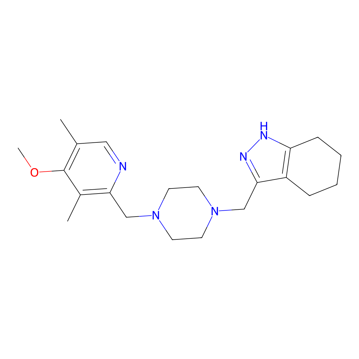 3-({4-[(4-methoxy-3,5-dimethylpyridin-2-yl)methyl]piperazin-1-yl}methyl)-4,5,6,7-tetrahydro-1H-indazole molecular structure, CAS 3054409-18-3