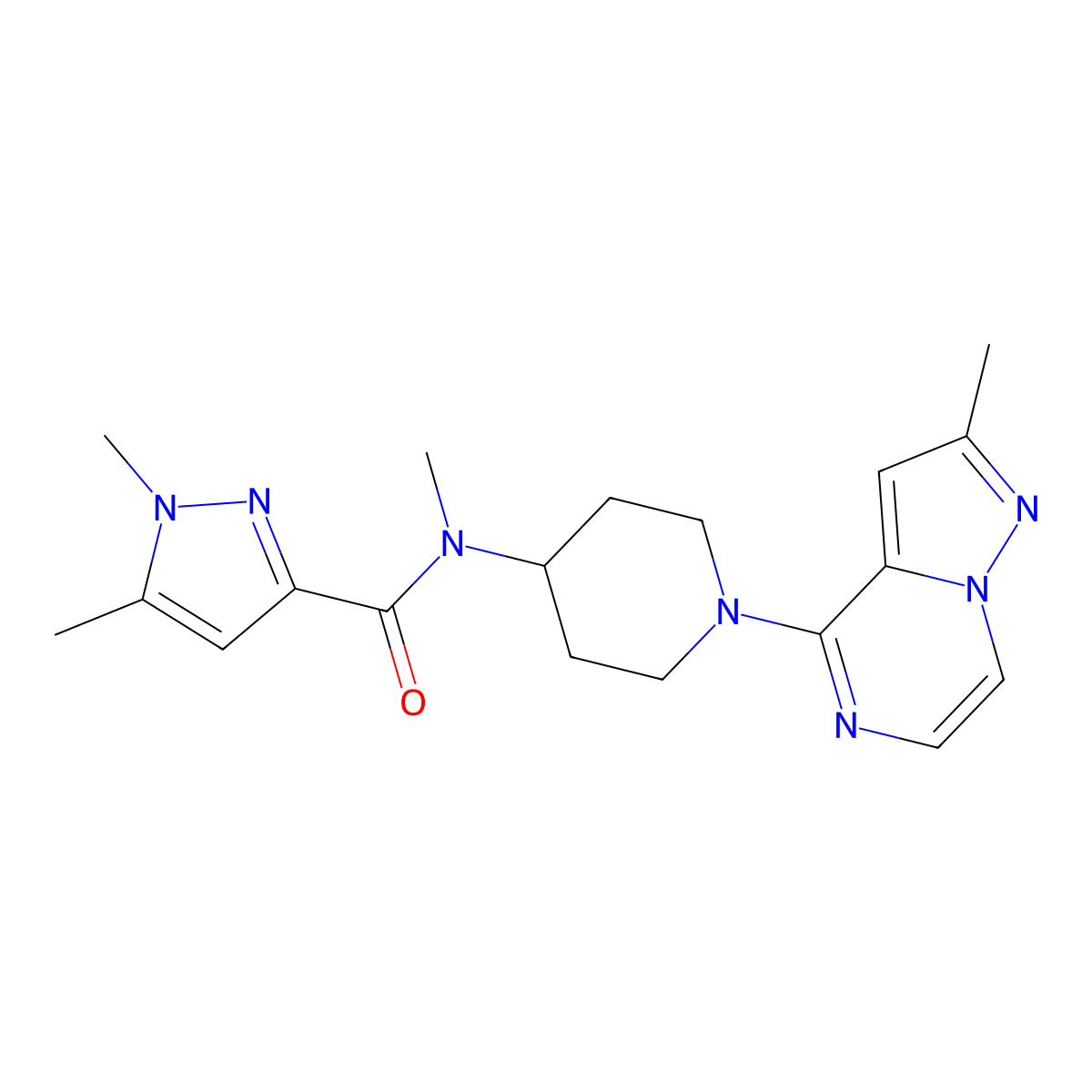 N,1,5-trimethyl-N-(1-{2-methylpyrazolo[1,5-a]pyrazin-4-yl}piperidin-4-yl)-1H-pyrazole-3-carboxamide molecular structure, CAS 3054409-22-9