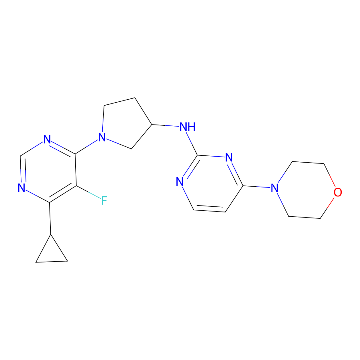 N-[1-(6-cyclopropyl-5-fluoropyrimidin-4-yl)pyrrolidin-3-yl]-4-(morpholin-4-yl)pyrimidin-2-amine molecular structure, CAS 3054409-27-4