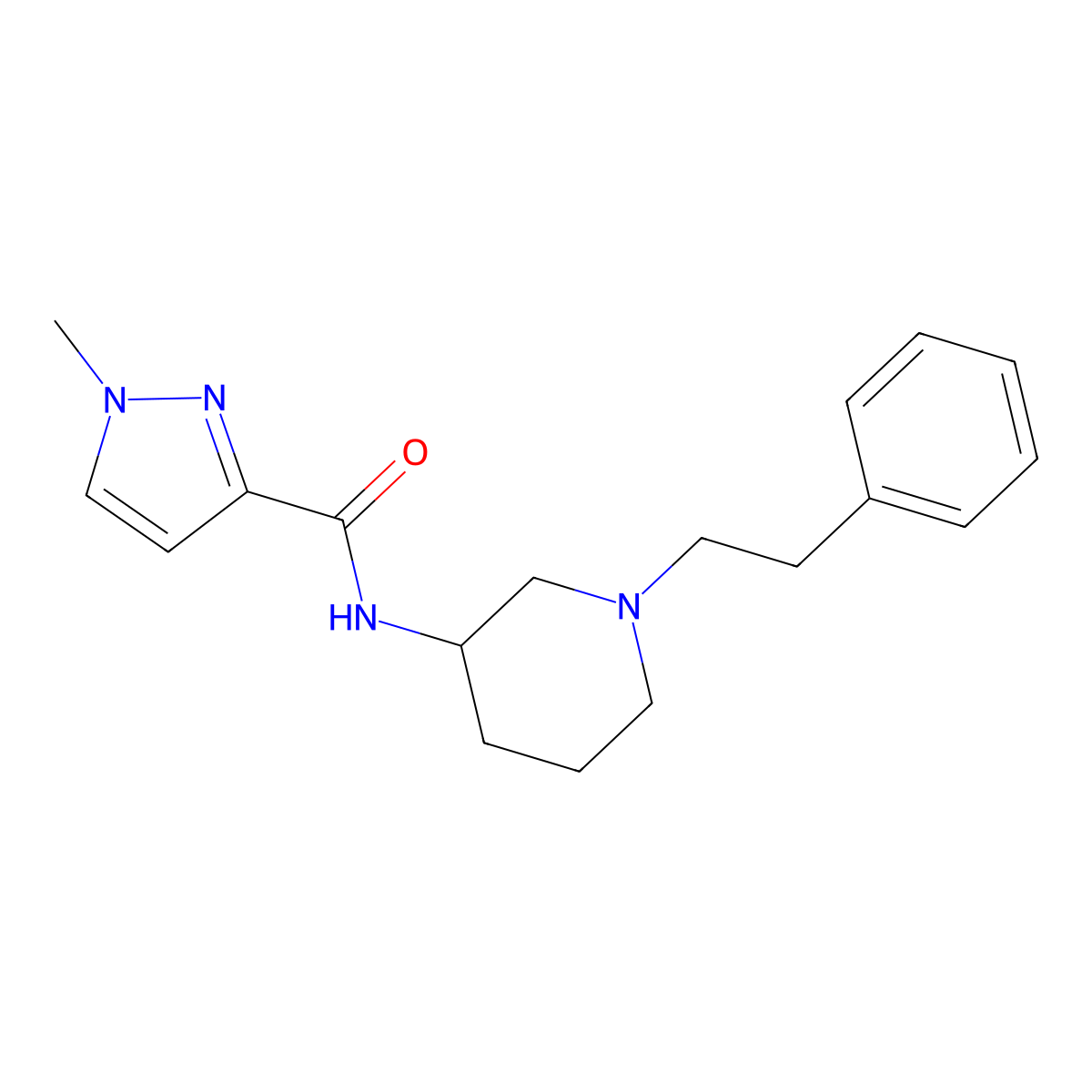 1-methyl-N-[1-(2-phenylethyl)piperidin-3-yl]-1H-pyrazole-3-carboxamide molecular structure, CAS 3054409-31-0