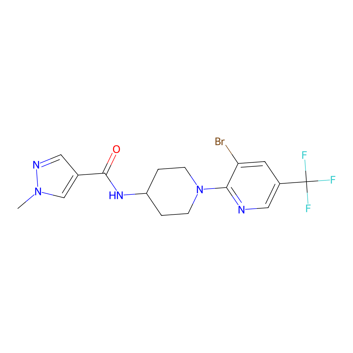N-{1-[3-bromo-5-(trifluoromethyl)pyridin-2-yl]piperidin-4-yl}-1-methyl-1H-pyrazole-4-carboxamide molecular structure, CAS 3054409-33-2