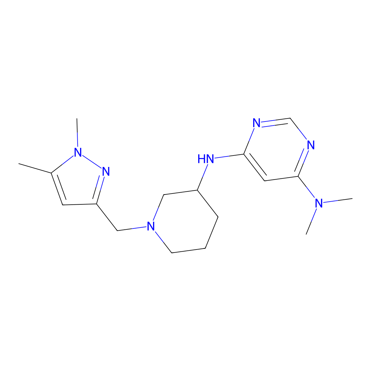 N6-{1-[(1,5-dimethyl-1H-pyrazol-3-yl)methyl]piperidin-3-yl}-N4,N4-dimethylpyrimidine-4,6-diamine molecular structure, CAS 3054409-40-1