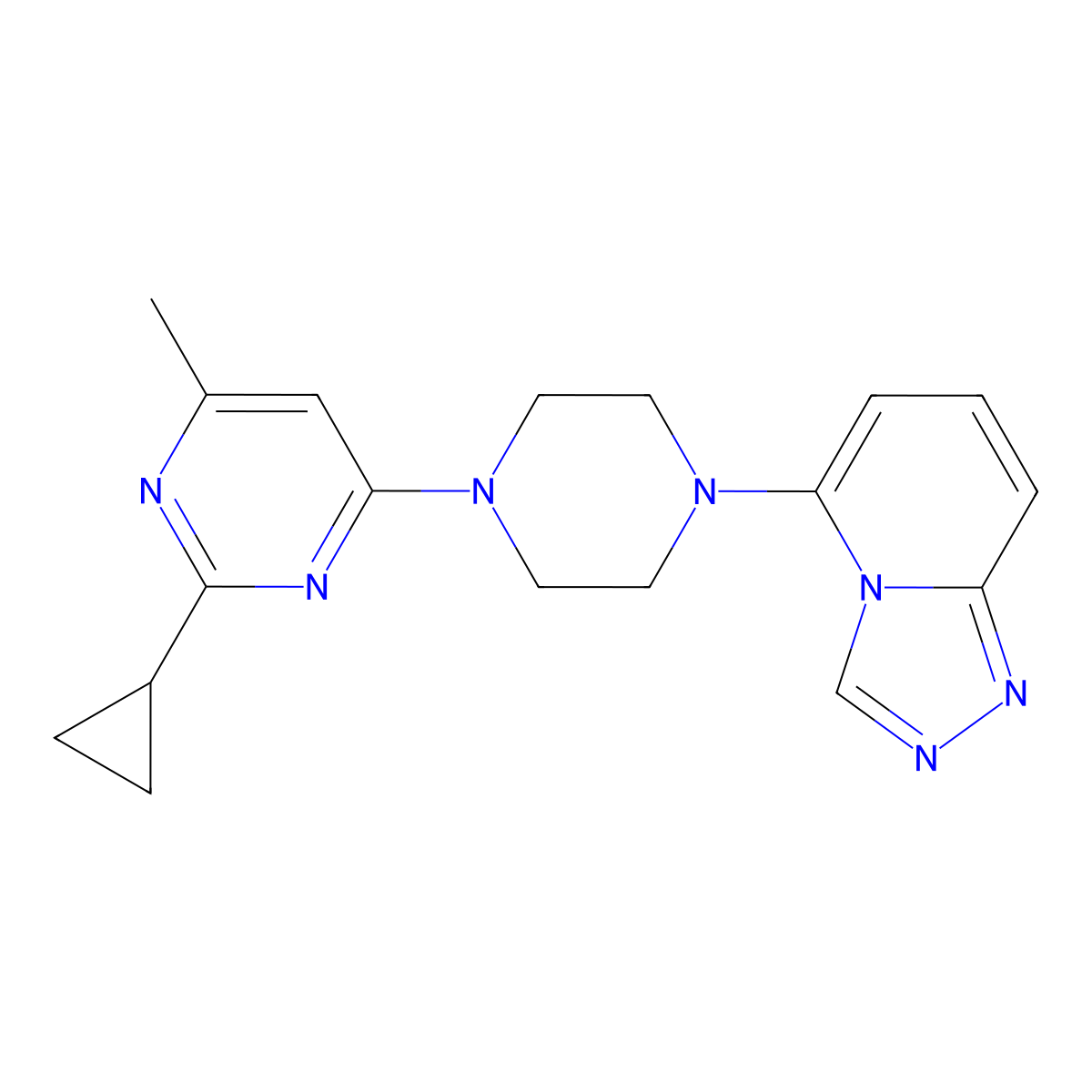 2-Cyclopropyl-4-methyl-6-(4-{[1,2,4]triazolo[4,3-a]pyridin-5-yl}piperazin-1-yl)pyrimidine molecular structure, CAS 3054409-44-5