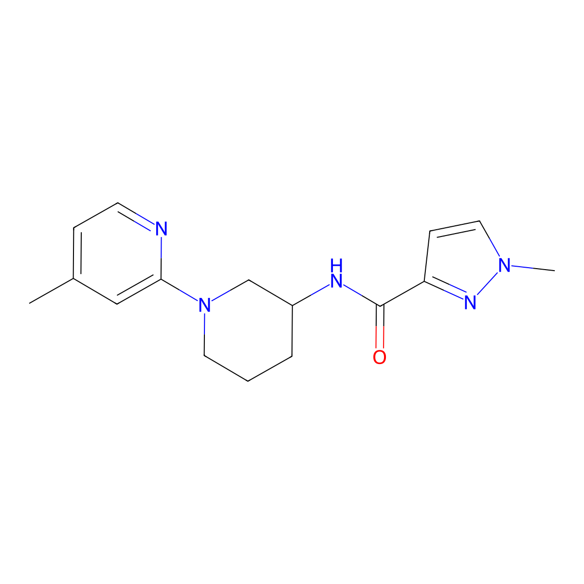 1-methyl-N-[1-(4-methylpyridin-2-yl)piperidin-3-yl]-1H-pyrazole-3-carboxamide molecular structure, CAS 3054409-55-8