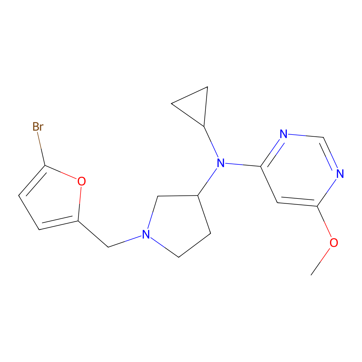 N-{1-[(5-bromofuran-2-yl)methyl]pyrrolidin-3-yl}-N-cyclopropyl-6-methoxypyrimidin-4-amine molecular structure, CAS 3054409-57-0