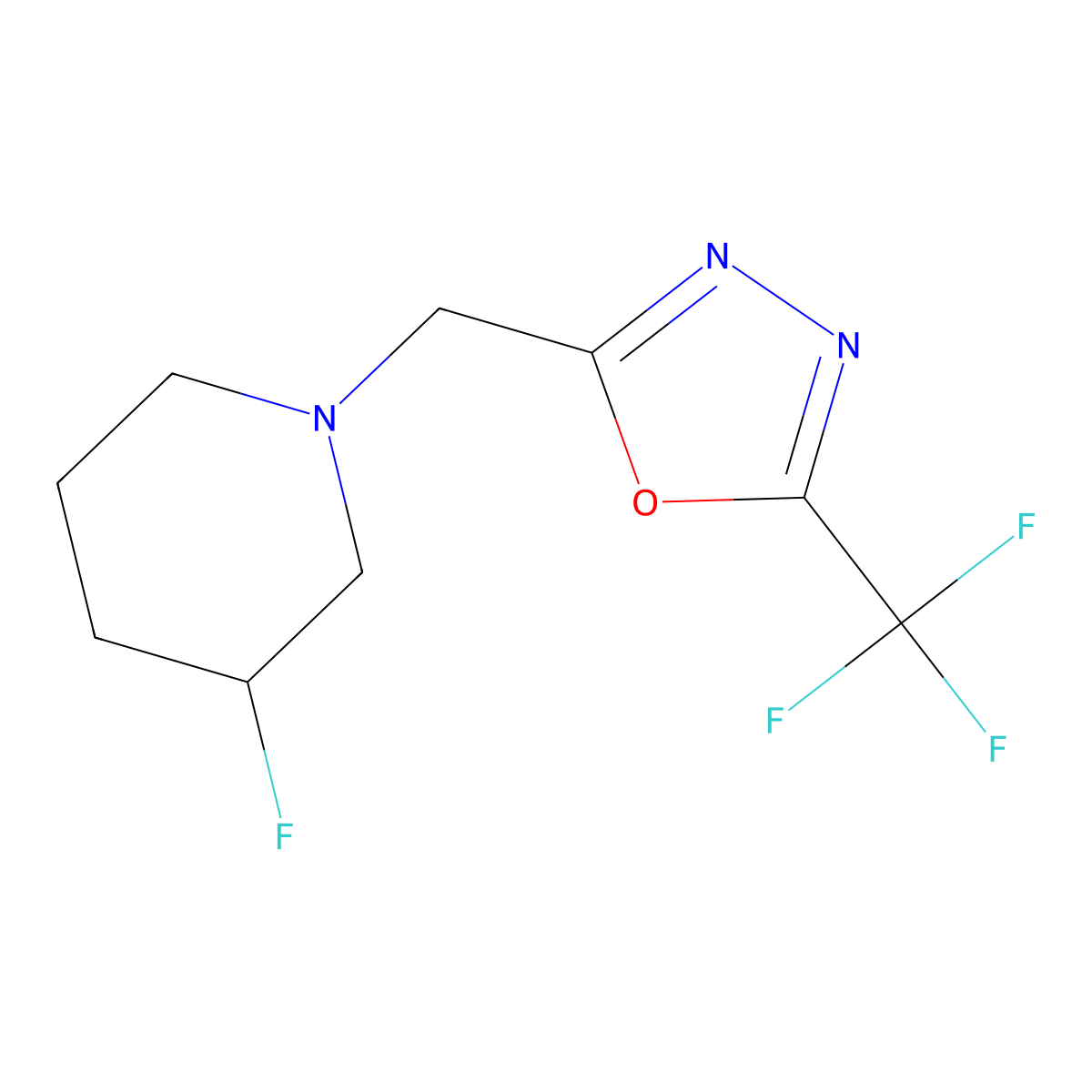 3-Fluoro-1-{[5-(trifluoromethyl)-1,3,4-oxadiazol-2-yl]methyl}piperidine molecular structure, CAS 3054409-65-0
