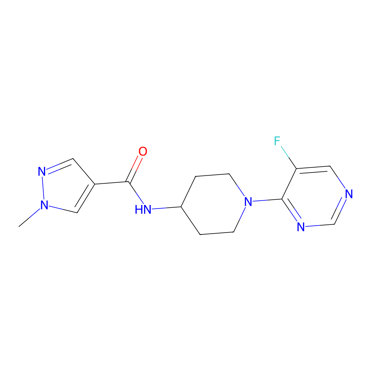 N-[1-(5-fluoropyrimidin-4-yl)piperidin-4-yl]-1-methyl-1H-pyrazole-4-carboxamide molecular structure, CAS 3054409-69-4