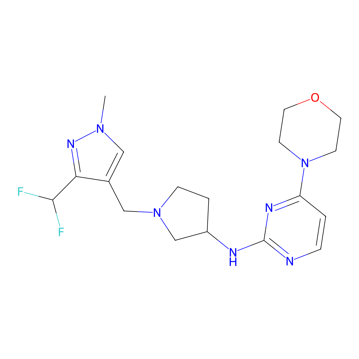 N-(1-{[3-(difluoromethyl)-1-methyl-1H-pyrazol-4-yl]methyl}pyrrolidin-3-yl)-4-(morpholin-4-yl)pyrimidin-2-amine molecular structure, CAS 3054409-87-6