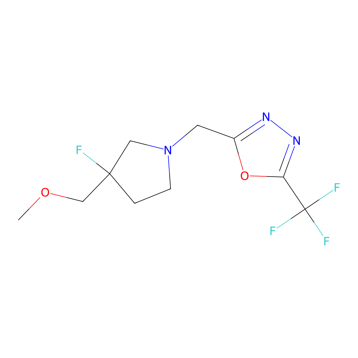 2-{[3-Fluoro-3-(methoxymethyl)pyrrolidin-1-yl]methyl}-5-(trifluoromethyl)-1,3,4-oxadiazole molecular structure, CAS 3054409-90-1