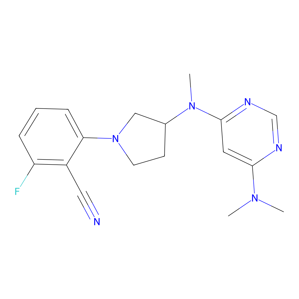 2-(3-{[6-(Dimethylamino)pyrimidin-4-yl](methyl)amino}pyrrolidin-1-yl)-6-fluorobenzonitrile molecular structure, CAS 3054409-93-4