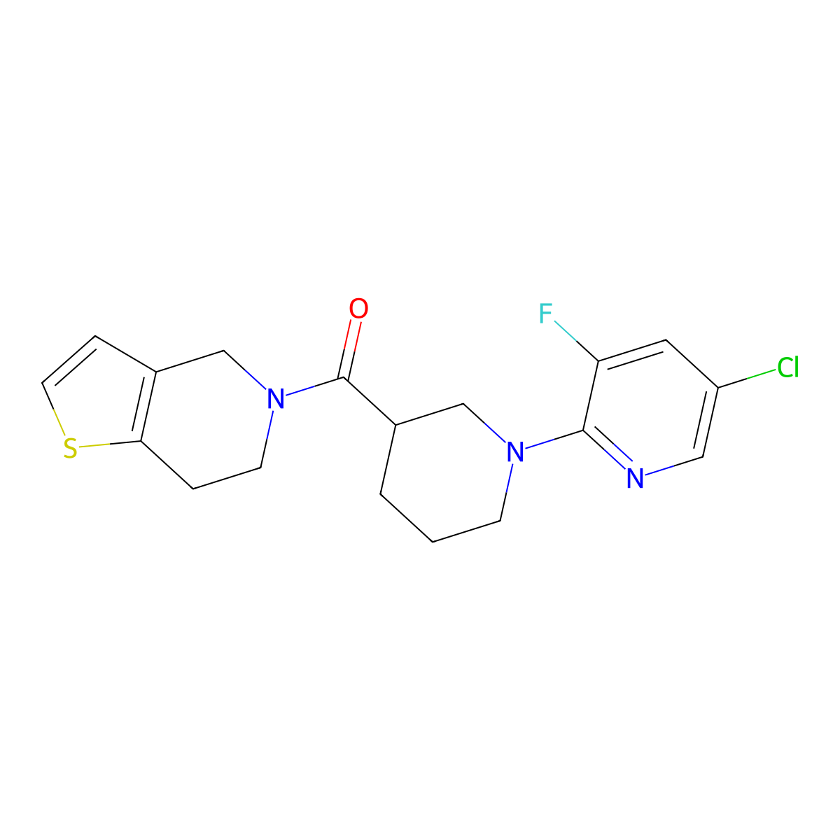 5-chloro-3-fluoro-2-(3-{4H,5H,6H,7H-thieno[3,2-c]pyridine-5-carbonyl}piperidin-1-yl)pyridine molecular structure, CAS 3054410-10-2