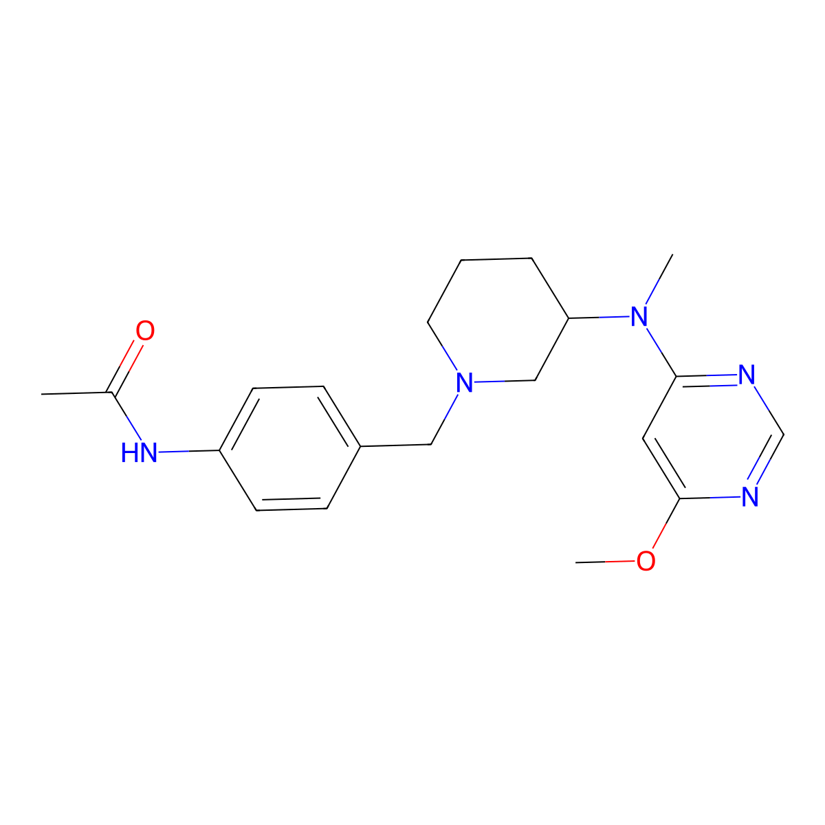 N-[4-({3-[(6-methoxypyrimidin-4-yl)(methyl)amino]piperidin-1-yl}methyl)phenyl]acetamide molecular structure, CAS 3054410-13-5