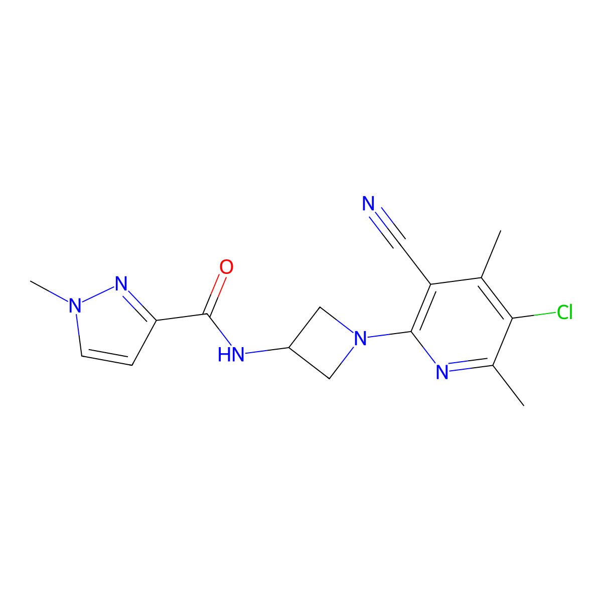 N-[1-(5-chloro-3-cyano-4,6-dimethylpyridin-2-yl)azetidin-3-yl]-1-methyl-1H-pyrazole-3-carboxamide molecular structure, CAS 3054410-17-9