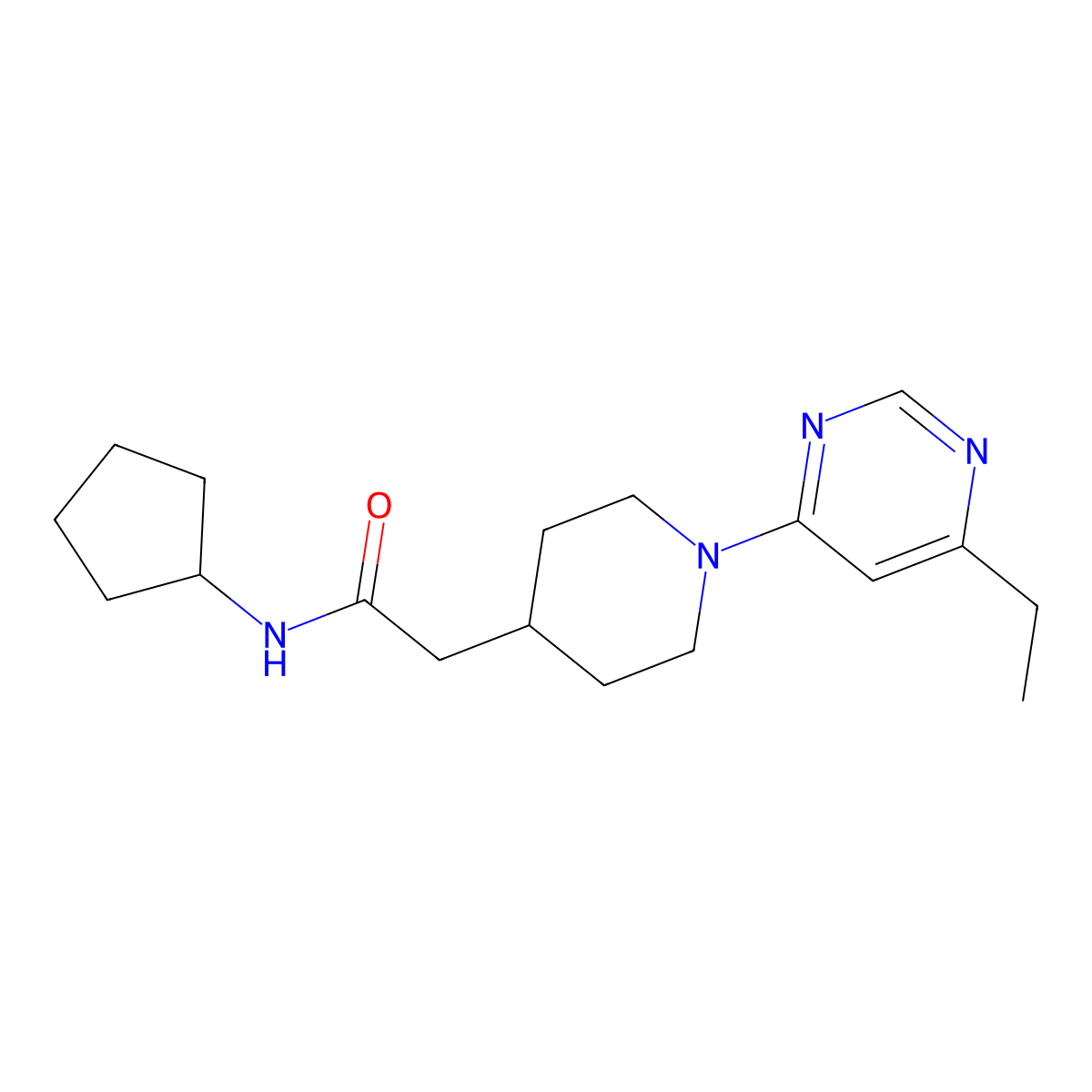 N-cyclopentyl-2-[1-(6-ethylpyrimidin-4-yl)piperidin-4-yl]acetamide molecular structure, CAS 3054410-33-9