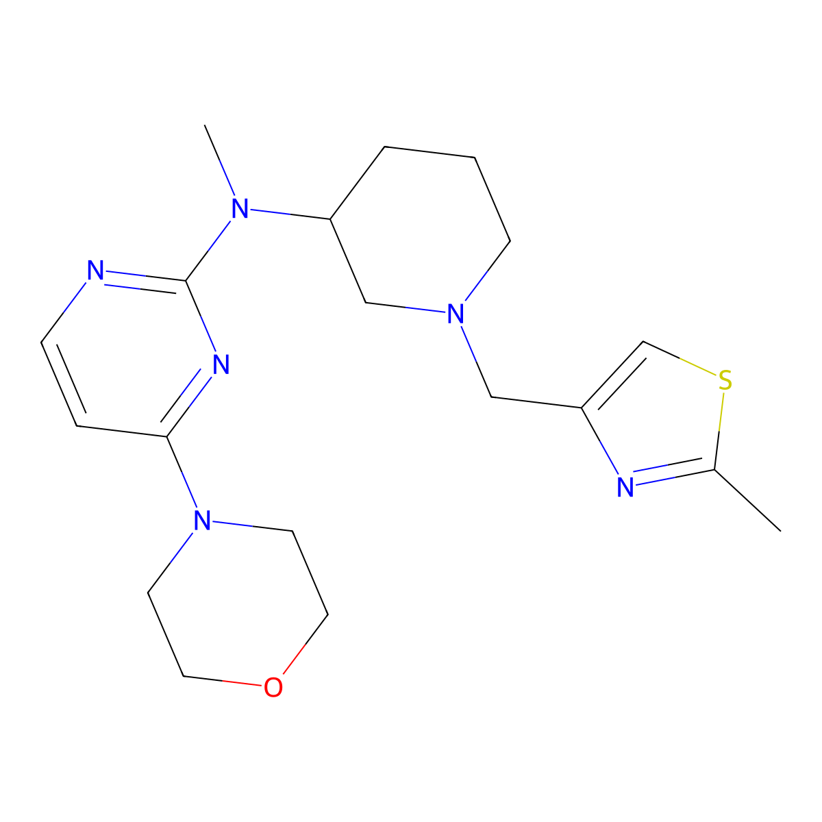 N-methyl-N-{1-[(2-methyl-1,3-thiazol-4-yl)methyl]piperidin-3-yl}-4-(morpholin-4-yl)pyrimidin-2-amine molecular structure, CAS 3054410-35-1
