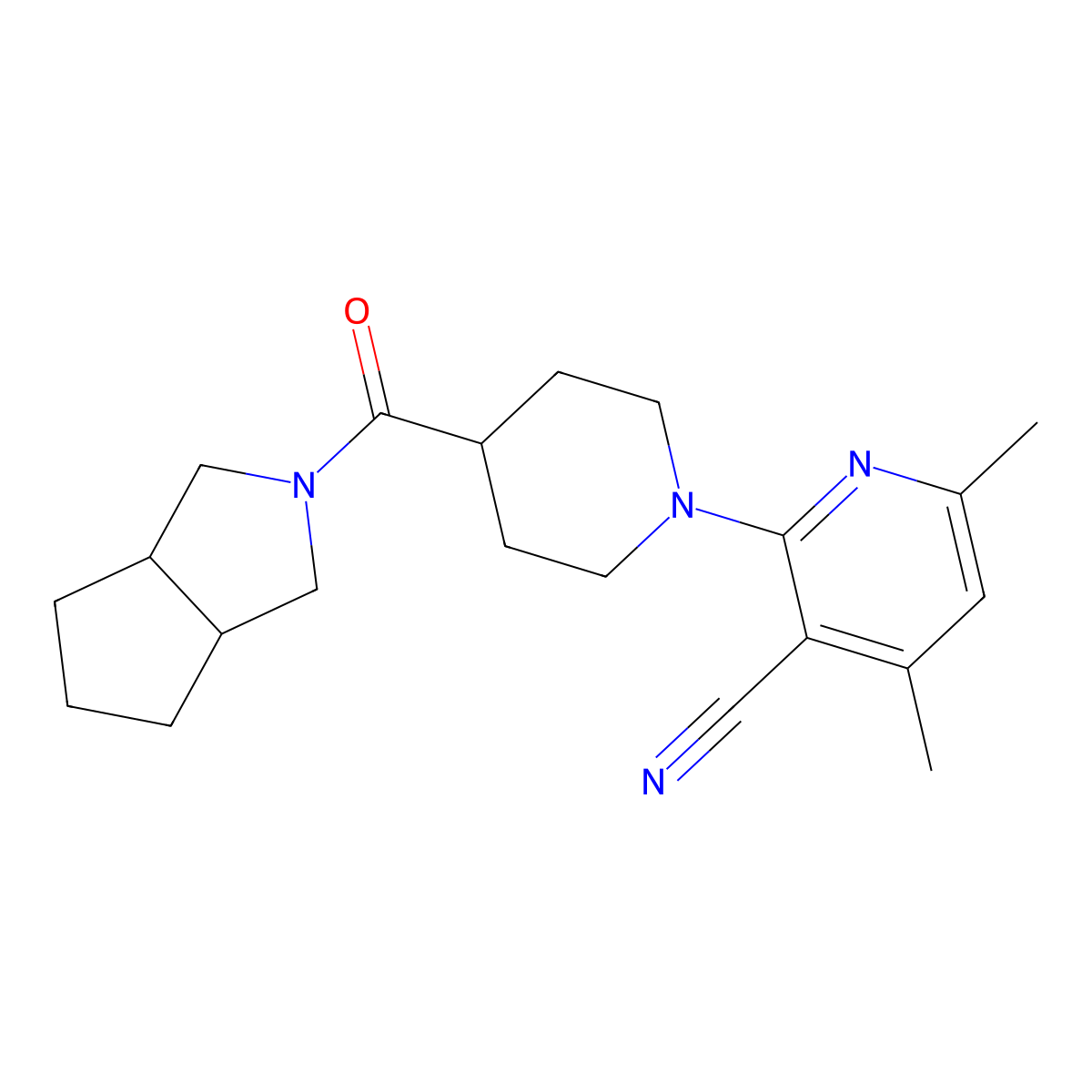 4,6-Dimethyl-2-(4-{octahydrocyclopenta[c]pyrrole-2-carbonyl}piperidin-1-yl)pyridine-3-carbonitrile molecular structure, CAS 3054410-42-0