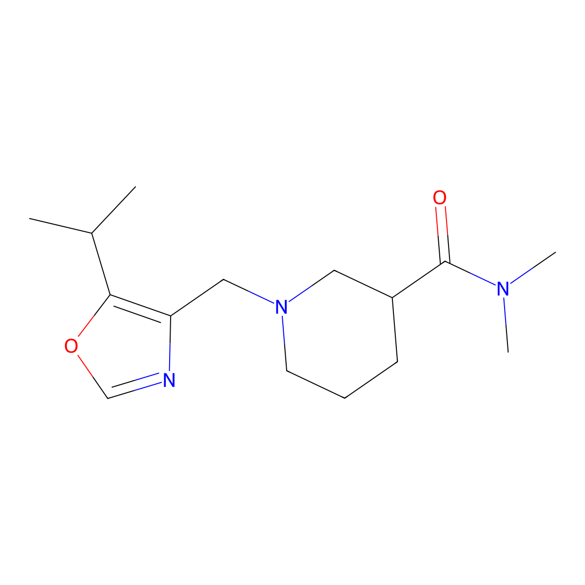N,N-dimethyl-1-{[5-(propan-2-yl)-1,3-oxazol-4-yl]methyl}piperidine-3-carboxamide molecular structure, CAS 3054410-44-2