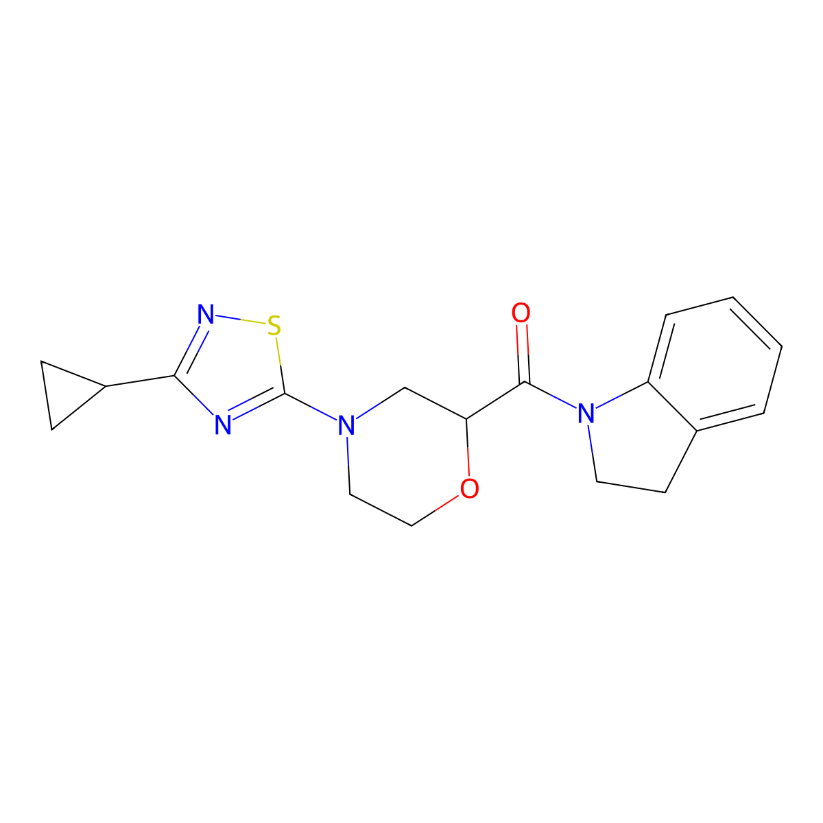 1-[4-(3-cyclopropyl-1,2,4-thiadiazol-5-yl)morpholine-2-carbonyl]-2,3-dihydro-1H-indole molecular structure, CAS 3054410-48-6