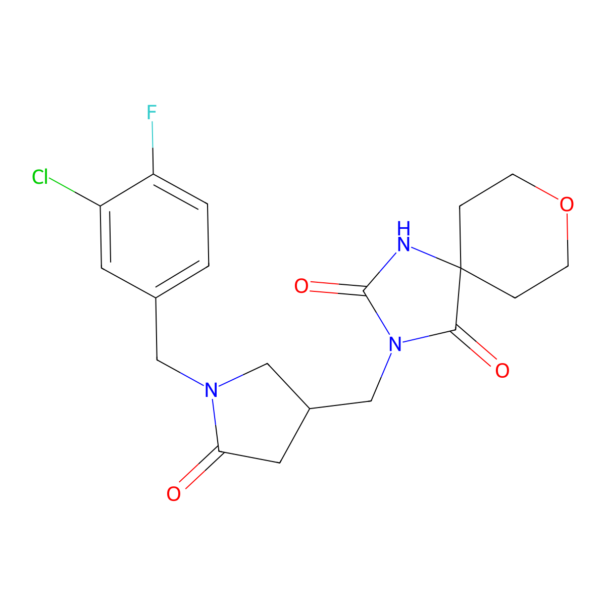3-({1-[(3-Chloro-4-fluorophenyl)methyl]-5-oxopyrrolidin-3-yl}methyl)-8-oxa-1,3-diazaspiro[4.5]decane-2,4-dione molecular structure, CAS 3054410-58-8