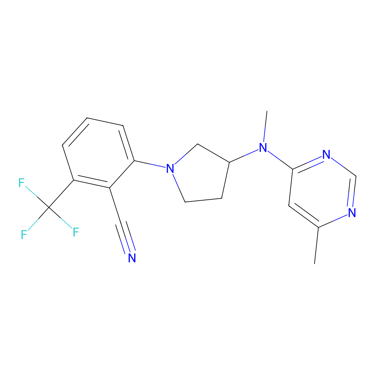 2-{3-[Methyl(6-methylpyrimidin-4-yl)amino]pyrrolidin-1-yl}-6-(trifluoromethyl)benzonitrile molecular structure, CAS 3054410-78-2