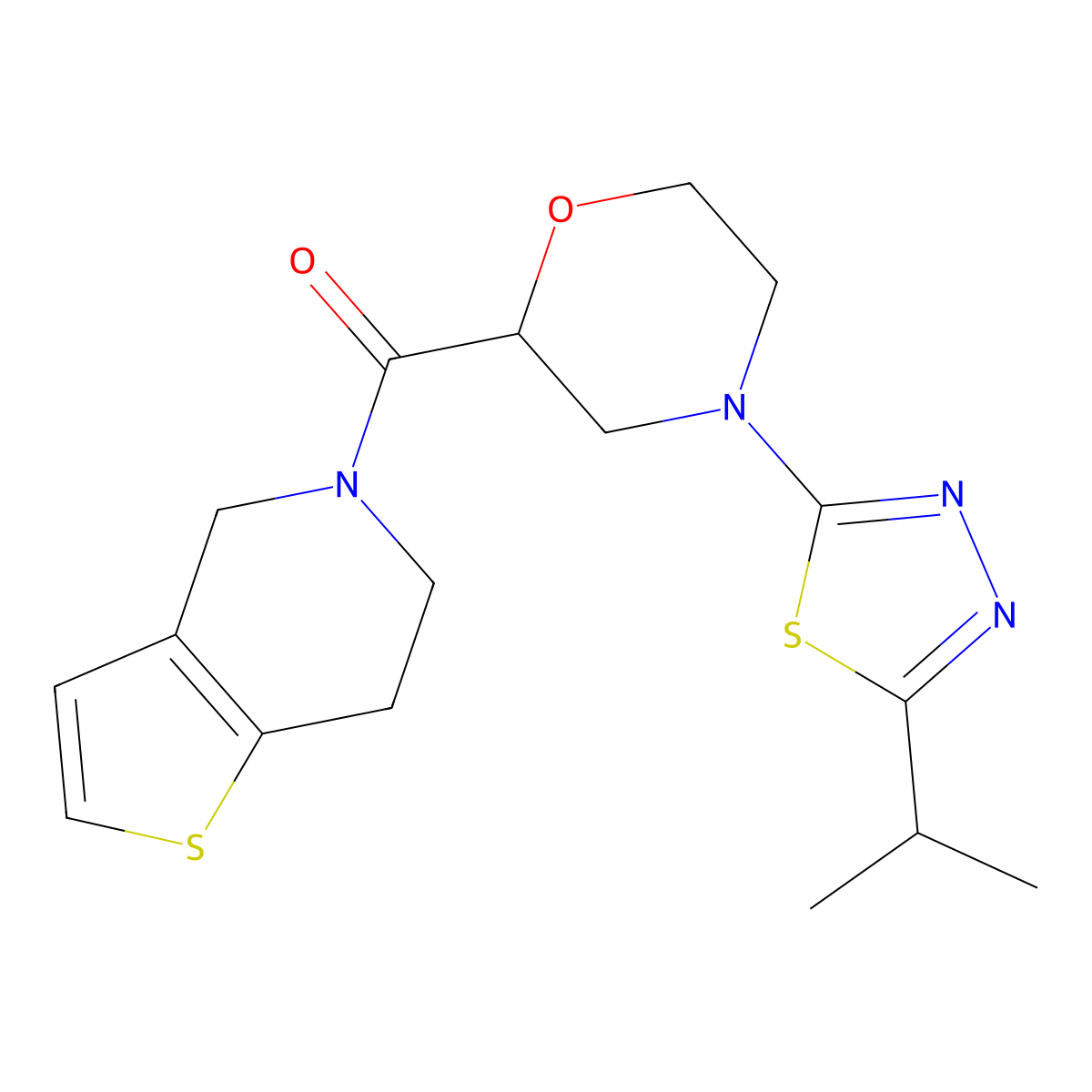 4-[5-(propan-2-yl)-1,3,4-thiadiazol-2-yl]-2-{4H,5H,6H,7H-thieno[3,2-c]pyridine-5-carbonyl}morpholine molecular structure, CAS 3054410-84-0