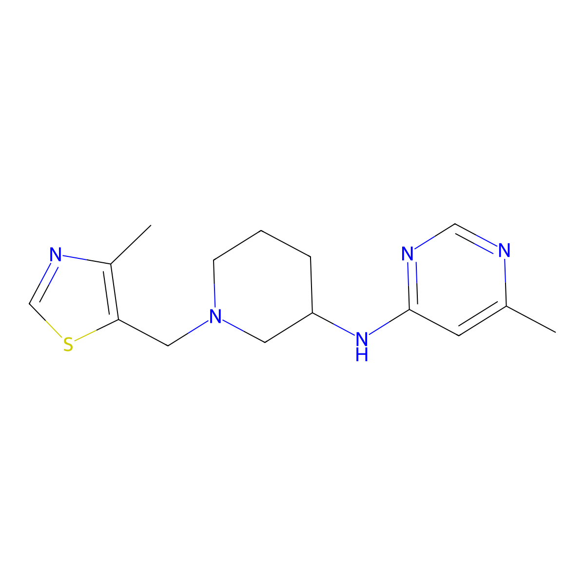 6-methyl-N-{1-[(4-methyl-1,3-thiazol-5-yl)methyl]piperidin-3-yl}pyrimidin-4-amine molecular structure, CAS 3054410-85-1