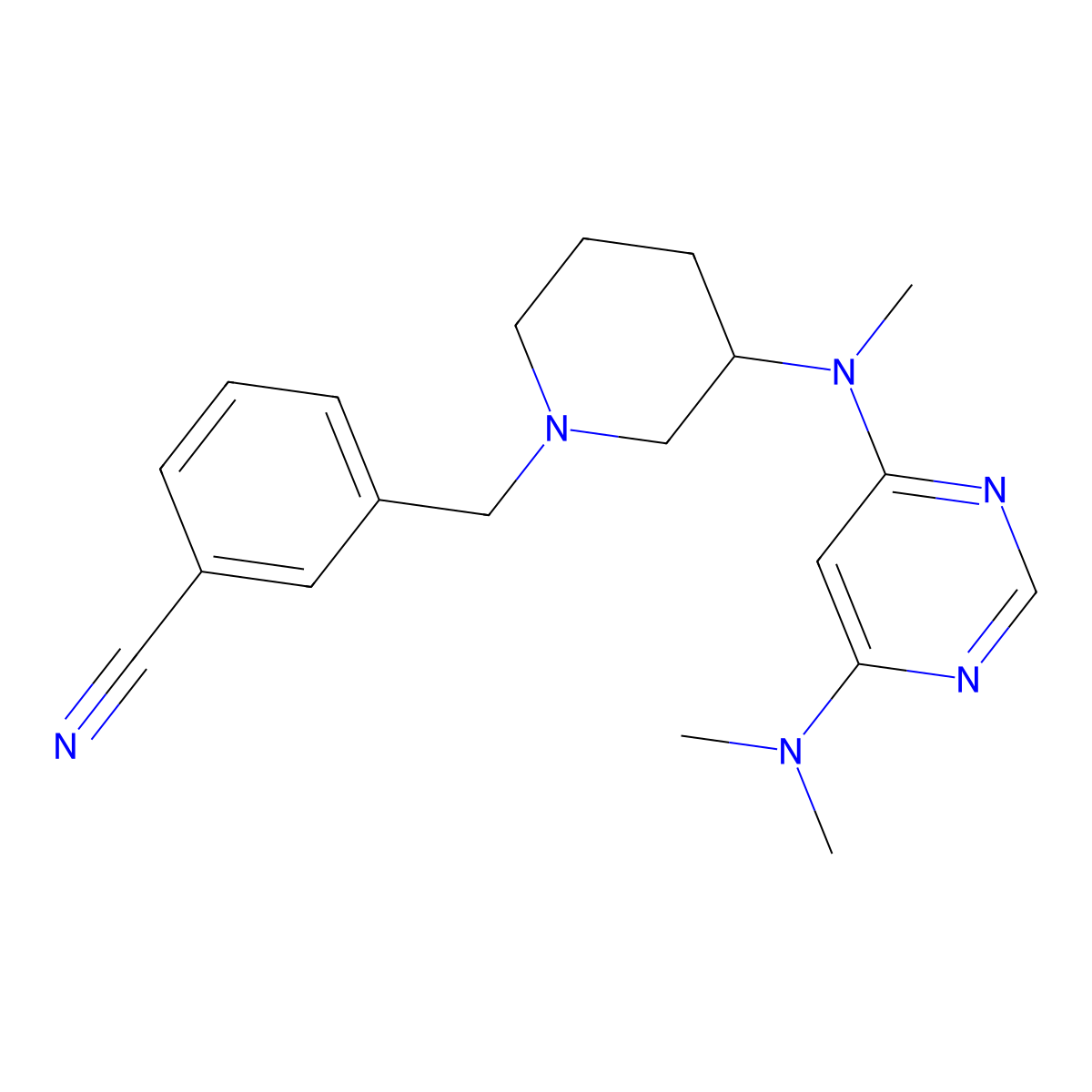 3-[(3-{[6-(Dimethylamino)pyrimidin-4-yl](methyl)amino}piperidin-1-yl)methyl]benzonitrile molecular structure, CAS 3054411-03-6