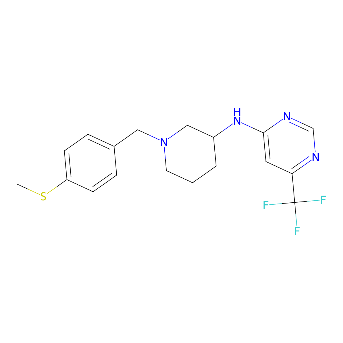 N-[1-[(4-methylsulfanylphenyl)methyl]piperidin-3-yl]-6-(trifluoromethyl)pyrimidin-4-amine molecular structure, CAS 3054411-09-2