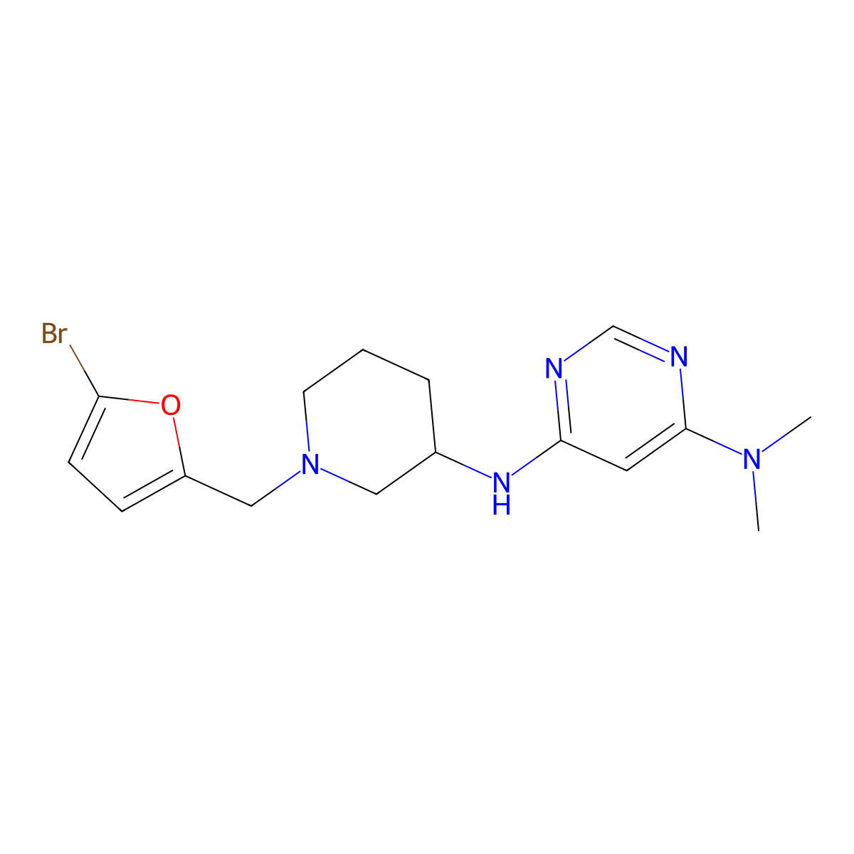 N6-{1-[(5-bromofuran-2-yl)methyl]piperidin-3-yl}-N4,N4-dimethylpyrimidine-4,6-diamine molecular structure, CAS 3054411-12-7