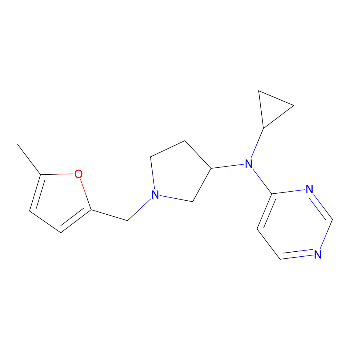 N-cyclopropyl-N-{1-[(5-methylfuran-2-yl)methyl]pyrrolidin-3-yl}pyrimidin-4-amine molecular structure, CAS 3054411-14-9