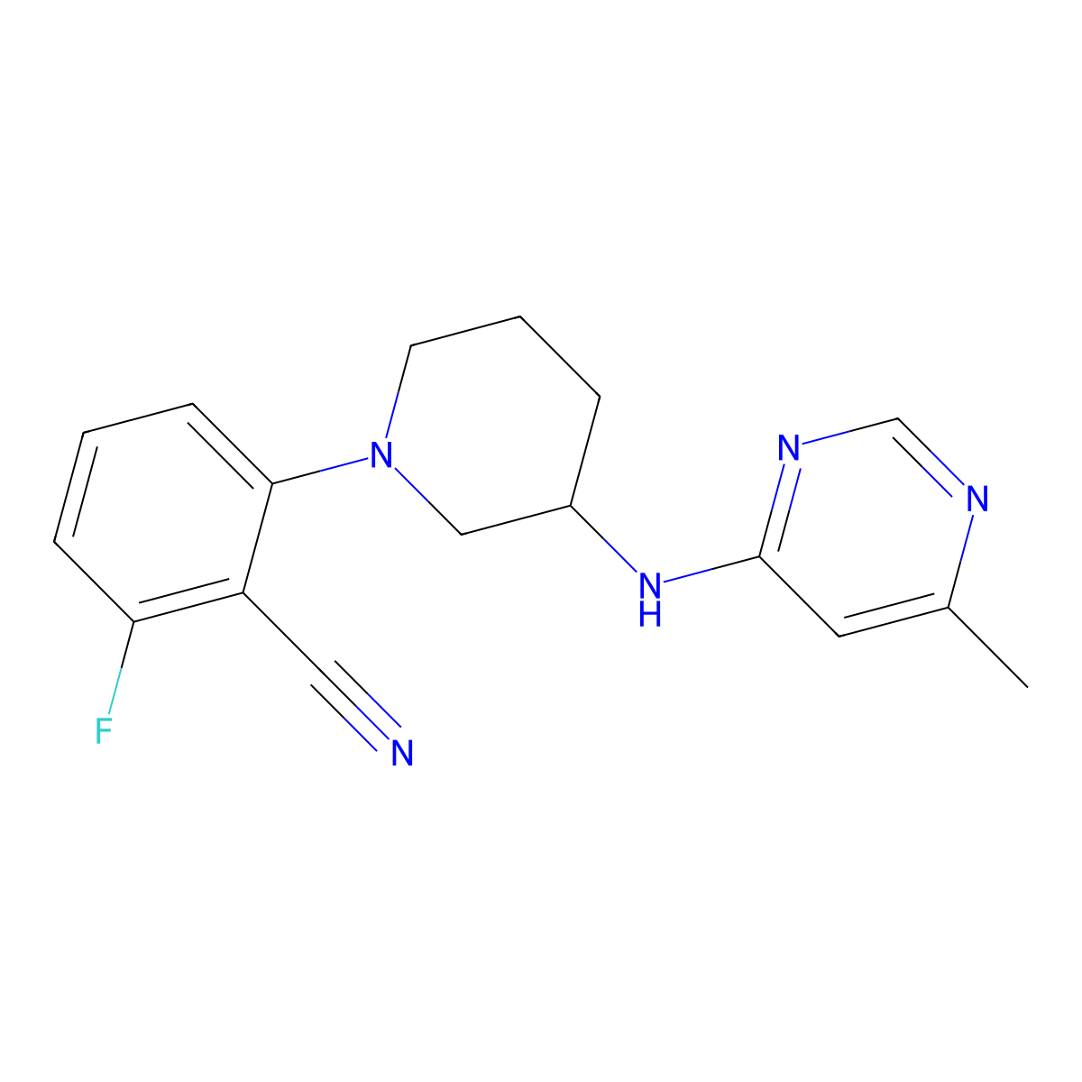 2-Fluoro-6-{3-[(6-methylpyrimidin-4-yl)amino]piperidin-1-yl}benzonitrile molecular structure, CAS 3054411-16-1